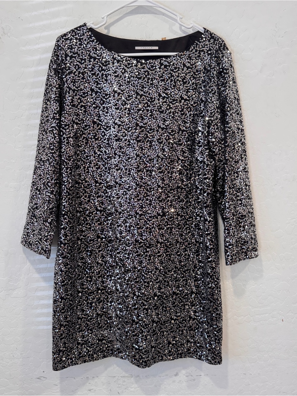 T Tahari Sequin Midi Dress Womens Medium Black Silver Sequins A-line Cocktail
